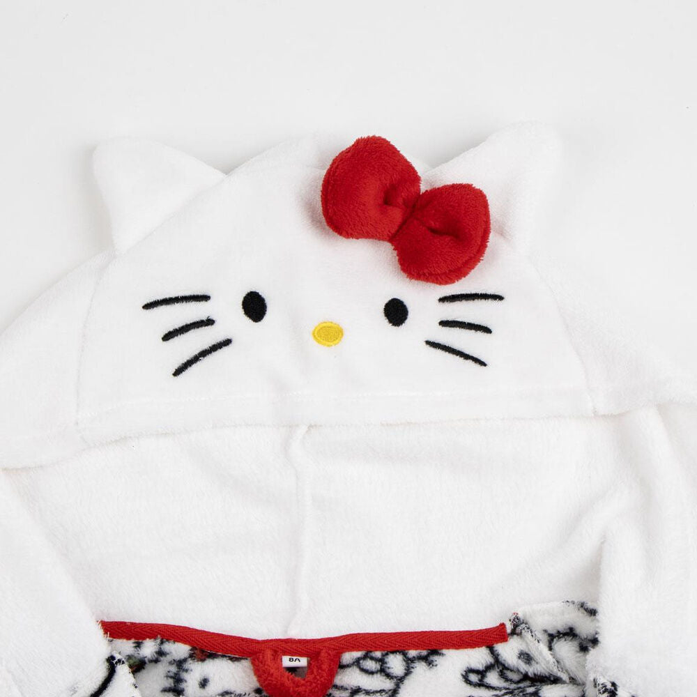 Bata blanca de Hello Kitty con capucha de orejas, estampado integral y cinturón rojo - 3