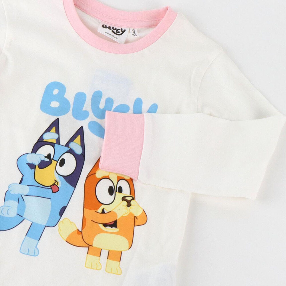 Pijama infantil Bluey con camiseta blanca y pantalón de rayas rosas - 3