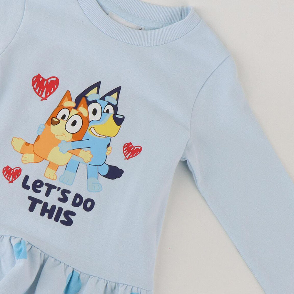 Vestido infantil azul claro de manga larga con Bluey, Bingo y falda de lunares - 4