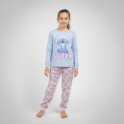 Pijama infantil de dos piezas de Stitch Disney, con camiseta azul y pantalón rosa - 5