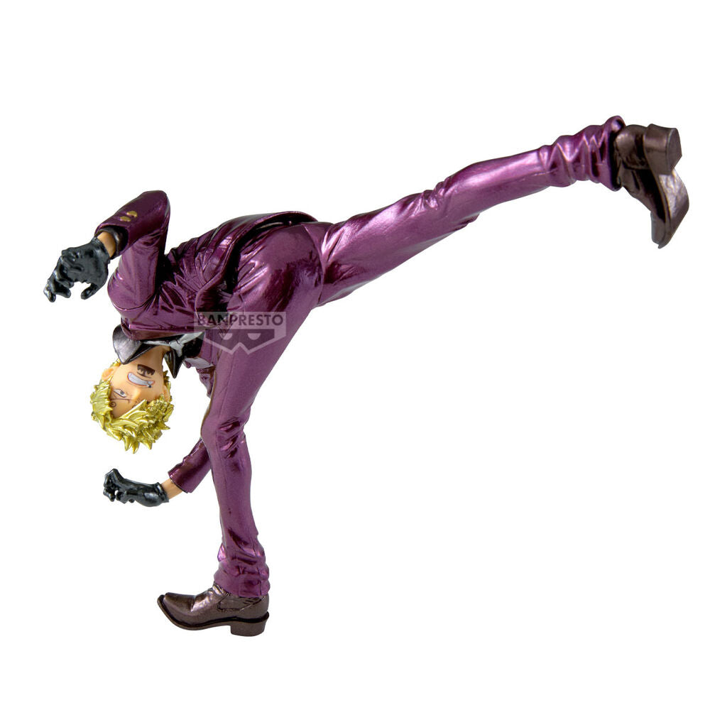 Figura de Sanji de One Piece con traje morado en pose acrobática