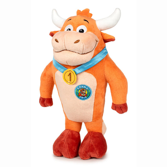 Peluche naranja de Maria Fernanda, vaquilla de Grand Prix, con medalla dorada
