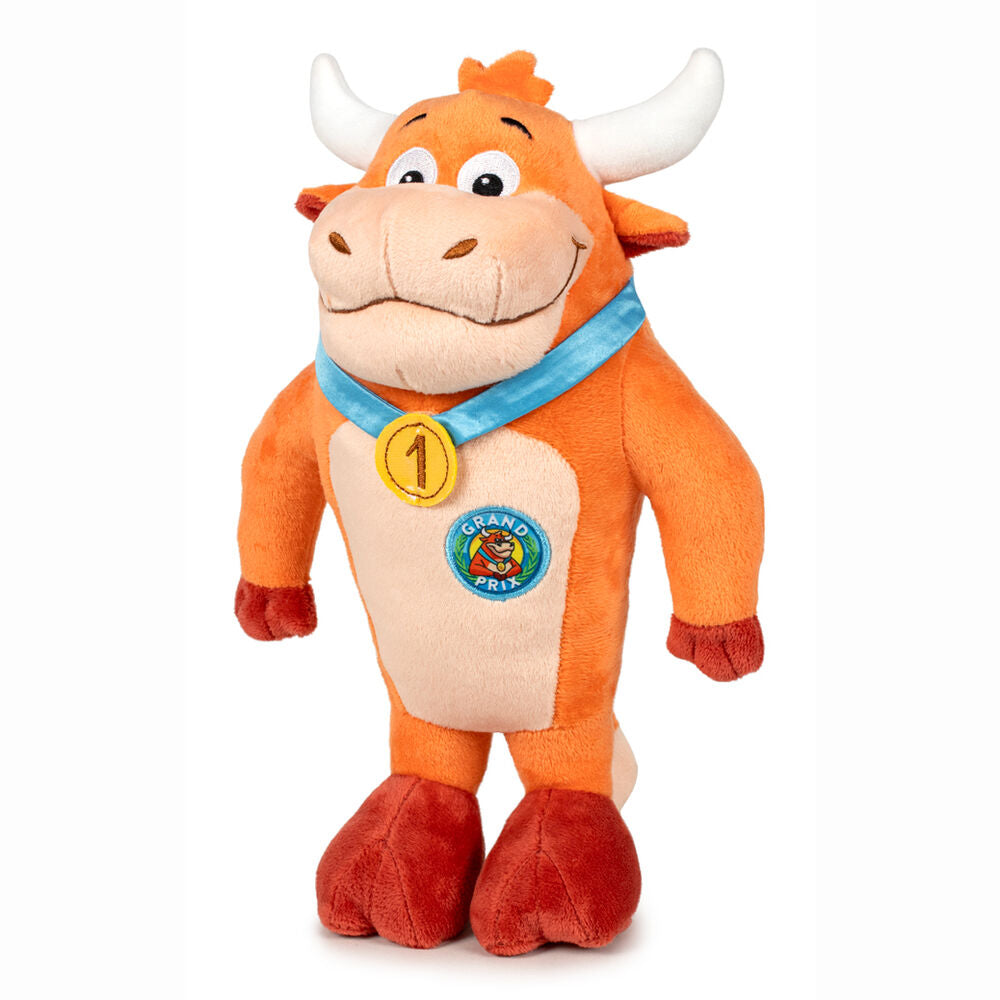 Peluche naranja de María Fernanda, vaquilla de Grand Prix, con pañuelo azul y medalla