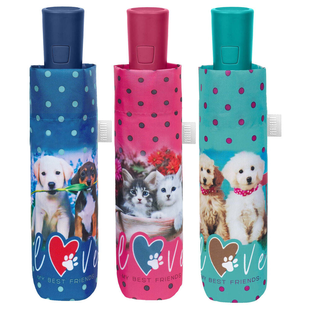 Paraguas plegables automáticos PERLETTI de 54 cm con estampados de perros y gatos