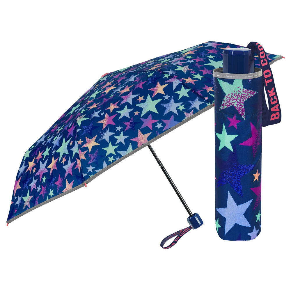 Paraguas plegable Perletti azul marino con estampado multicolor de estrellas