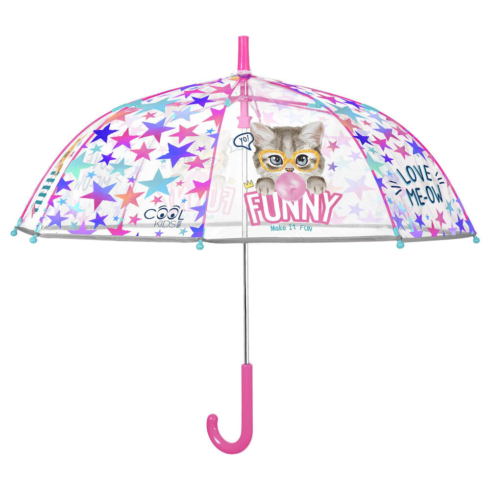 Paraguas PERLETTI transparente con gato, estrellas y mango rosa