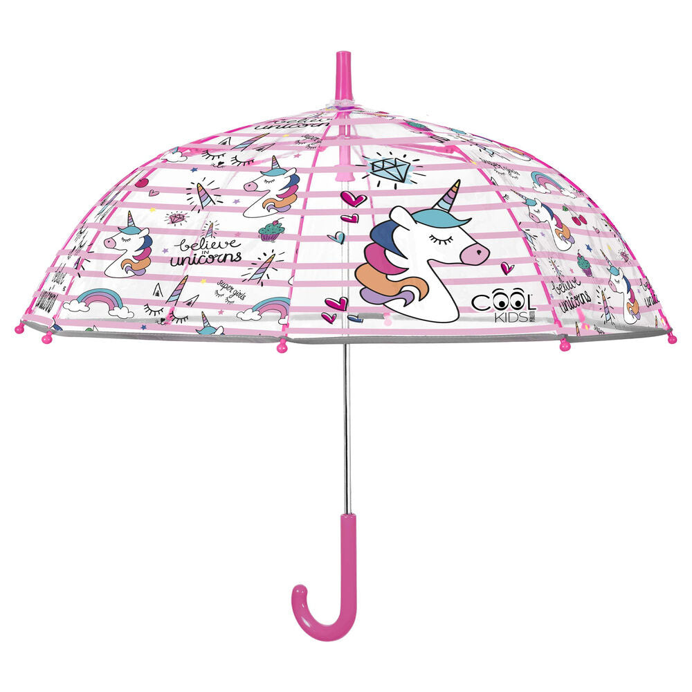 Paraguas infantil Perletti rosa con estampado de unicornios