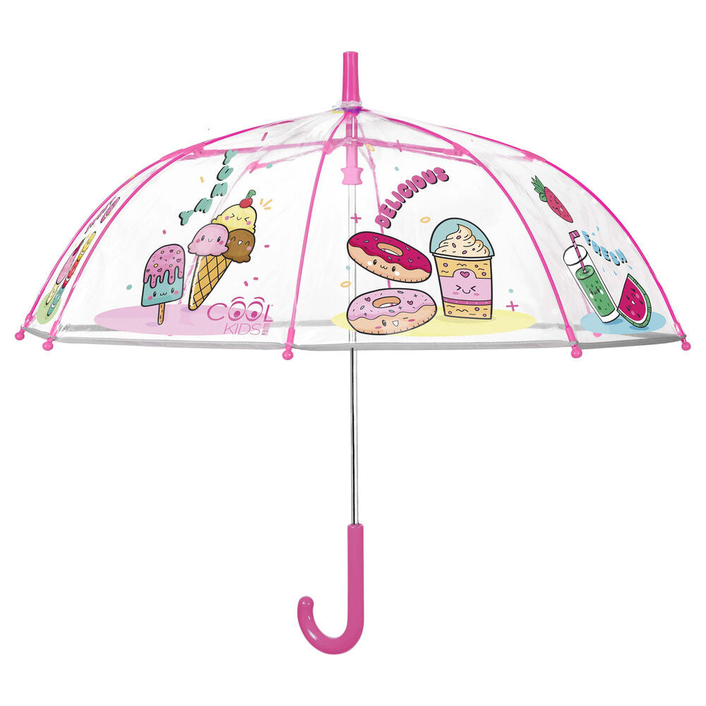 Paraguas manual PERLETTI transparente con estampado de helados y mango rosa