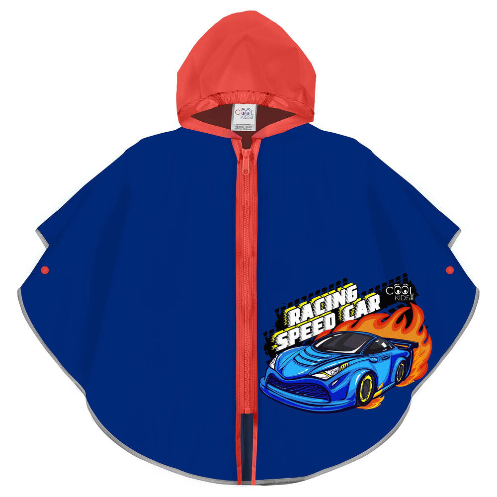 Chubasquero infantil azul y rojo con capucha y coche de carreras