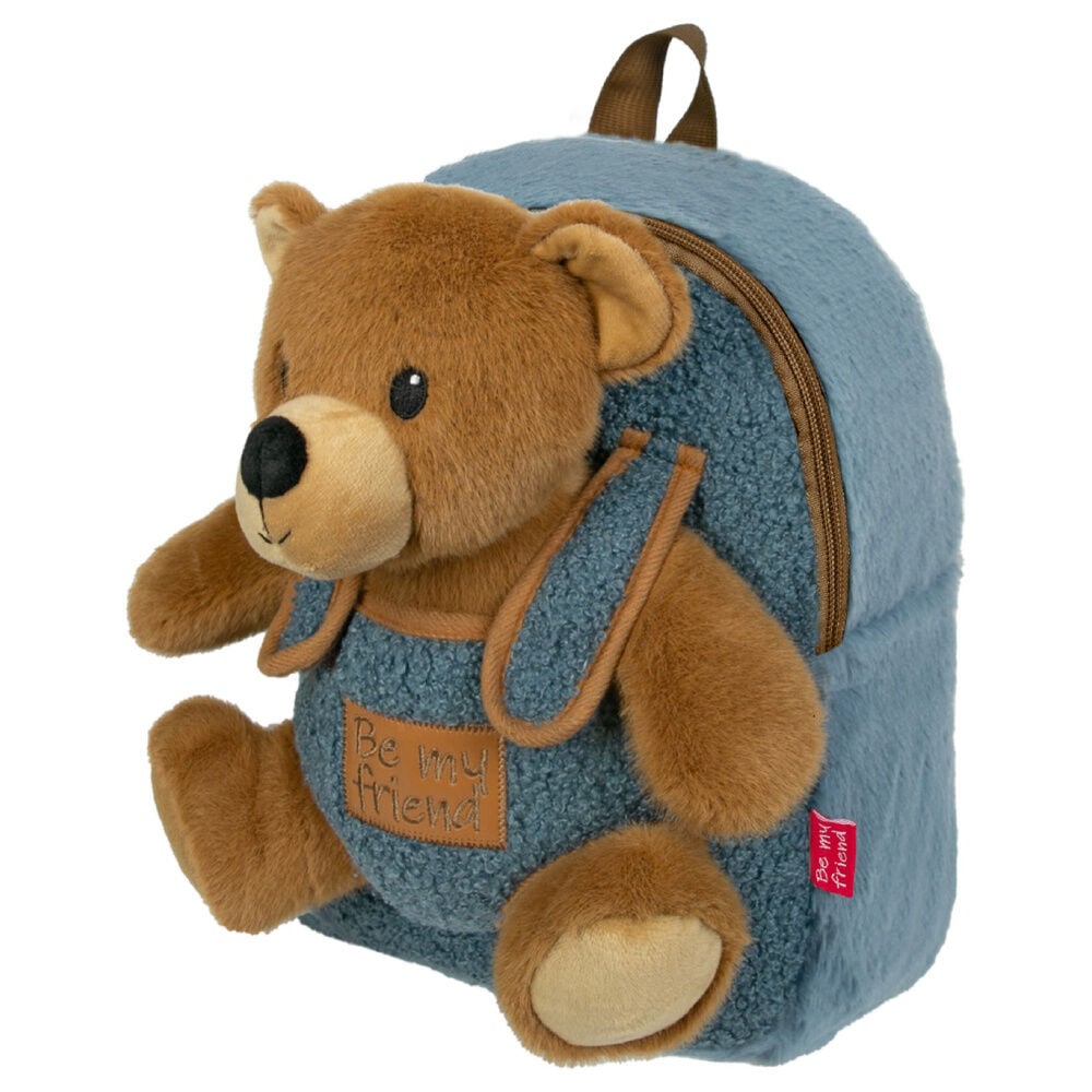 Mochila azul infantil Perletti con peluche de oso marrón