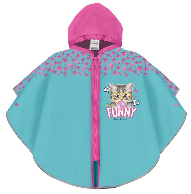 Chubasquero infantil azul claro con capucha, gato y cremallera rosa
