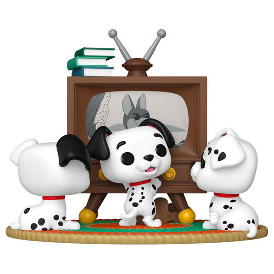 Figura FUNKO POP Moment de Rolly, Patch y Lucky de 101 Dálmatas junto a un televisor