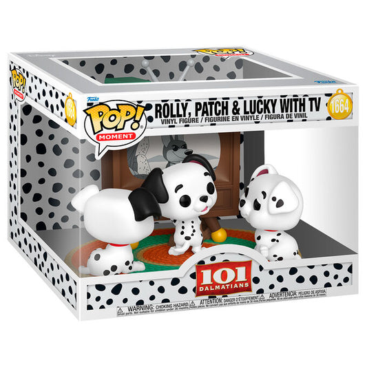 Figura FUNKO POP Moment de Rolly, Patch y Lucky de 101 Dálmatas junto a un televisor - 2