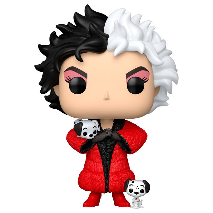 Figura Funko POP de Cruella de Vil con abrigo rojo y dos dálmatas