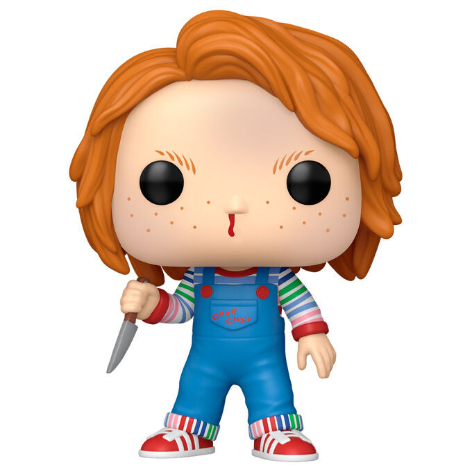 Figura Funko POP de Chucky con peto azul y cuchillo