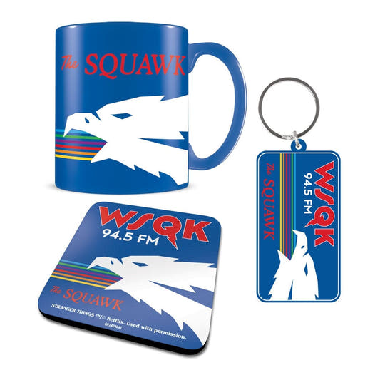 Set Stranger Things 5 con taza, posavasos y llavero The Squawk