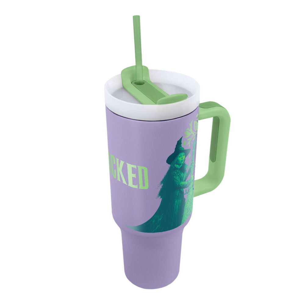 Vaso termo Wicked 2 lila y verde con asa y pajita - 2