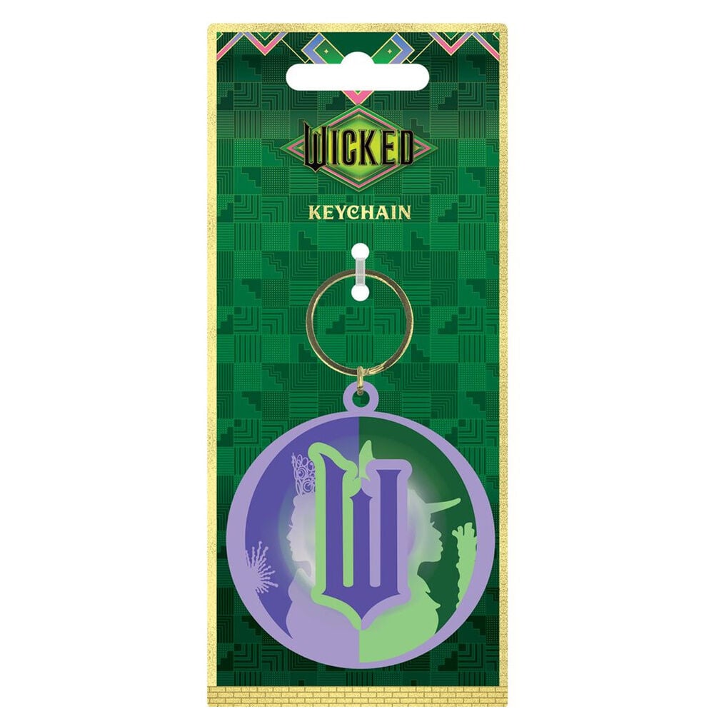 Llavero circular con logotipo Wicked en verde y morado