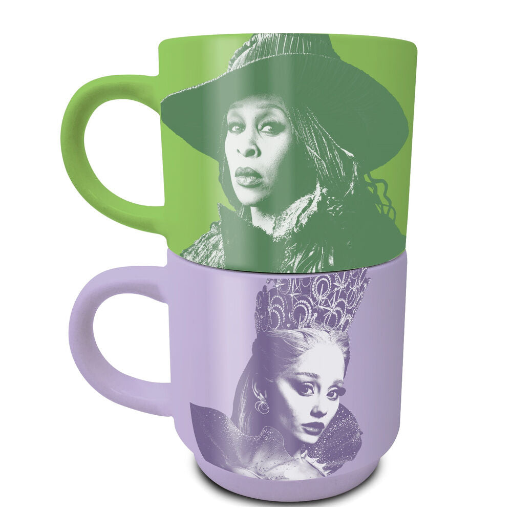 Set de dos tazas Wicked, una verde y otra lila, con retratos gráficos