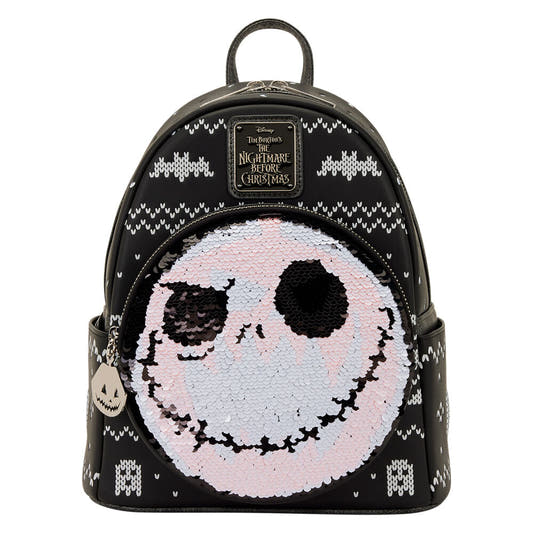 Mochila Loungefly negra de Jack Skellington con rostro de lentejuelas
