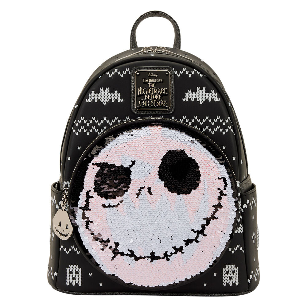 Mochila Loungefly negra de Jack Skellington con rostro de lentejuelas