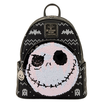 Mochila Loungefly negra de Jack Skellington con rostro de lentejuelas