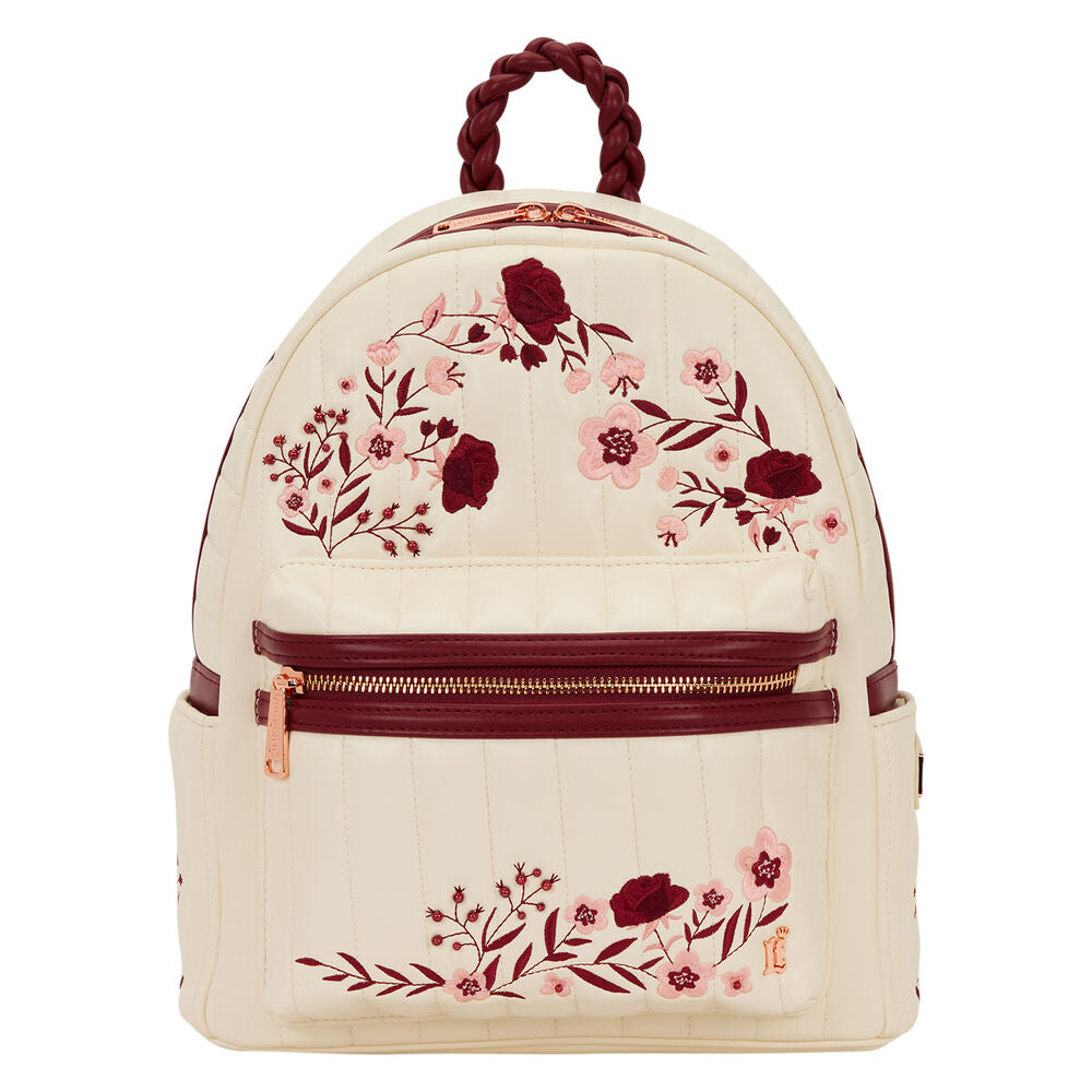 Mochila Loungefly crema con diseño floral en tonos burdeos y rosa