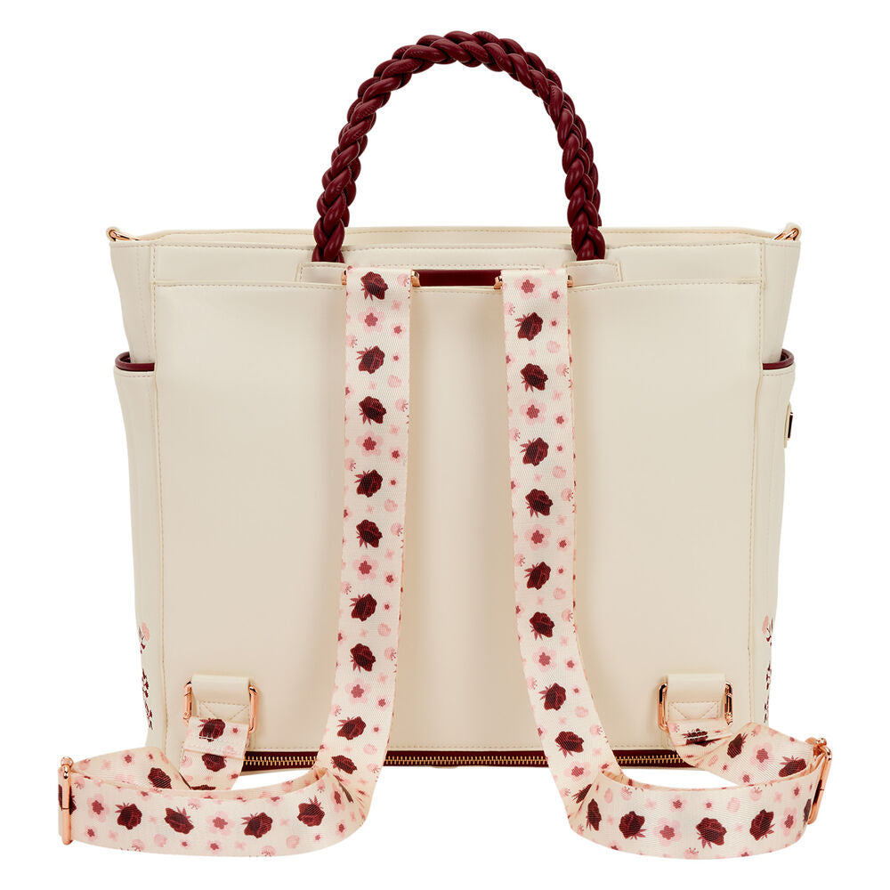 Bolso tote Loungefly crema con flores, asas burdeos y correa estampada - 2