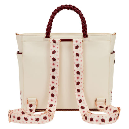 Bolso tote Loungefly crema con flores, asas burdeos y correa estampada - 2