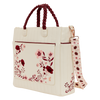Bolso tote Loungefly crema con flores, asas burdeos y correa estampada