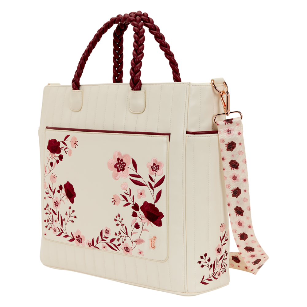 Bolso tote Loungefly crema con flores, asas burdeos y correa estampada