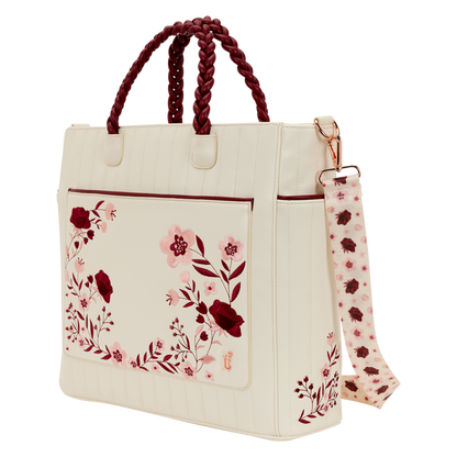 Bolso tote Loungefly crema con flores, asas burdeos y correa estampada