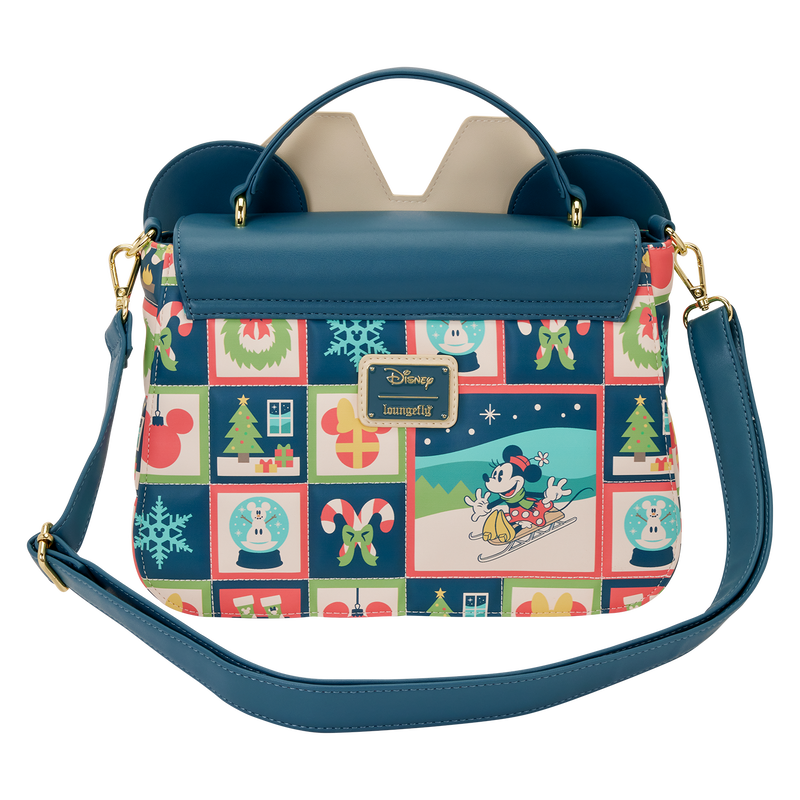 Bolso bandolera Mickey Holiday Disney Loungefly azul con lazo rojo y estampado navideño - 3