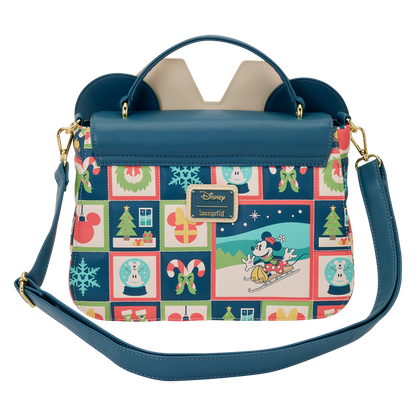 Bolso bandolera Mickey Holiday Disney Loungefly azul con lazo rojo y estampado navideño - 3