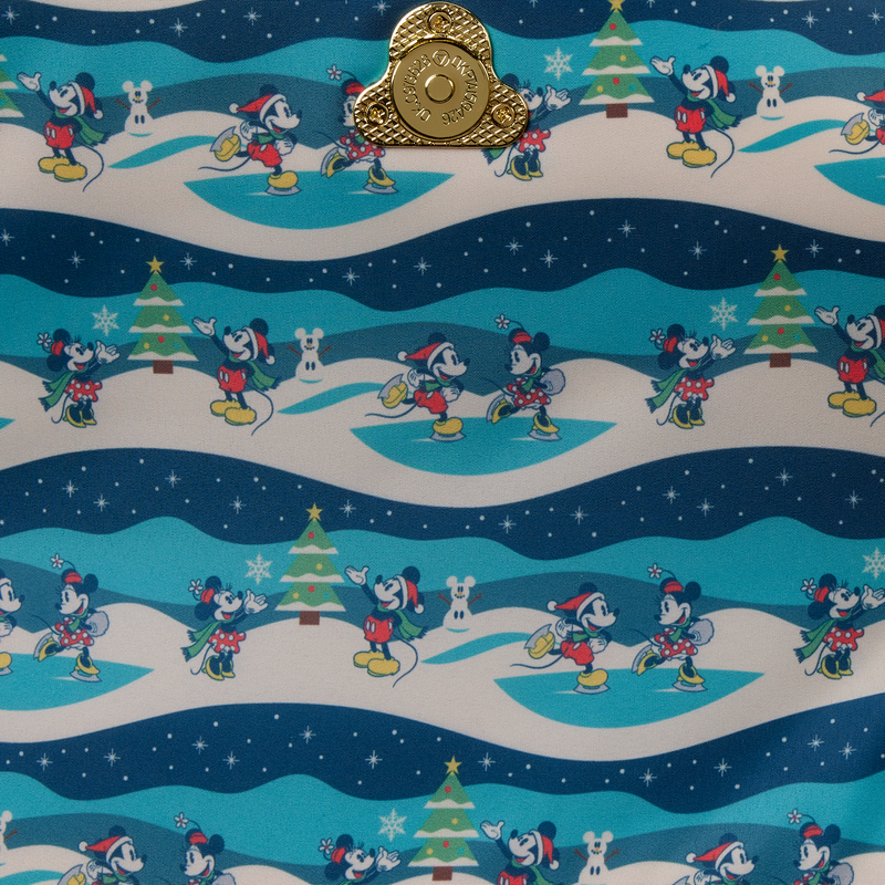 Bolso bandolera Mickey Holiday Disney Loungefly azul con lazo rojo y estampado navideño - 4