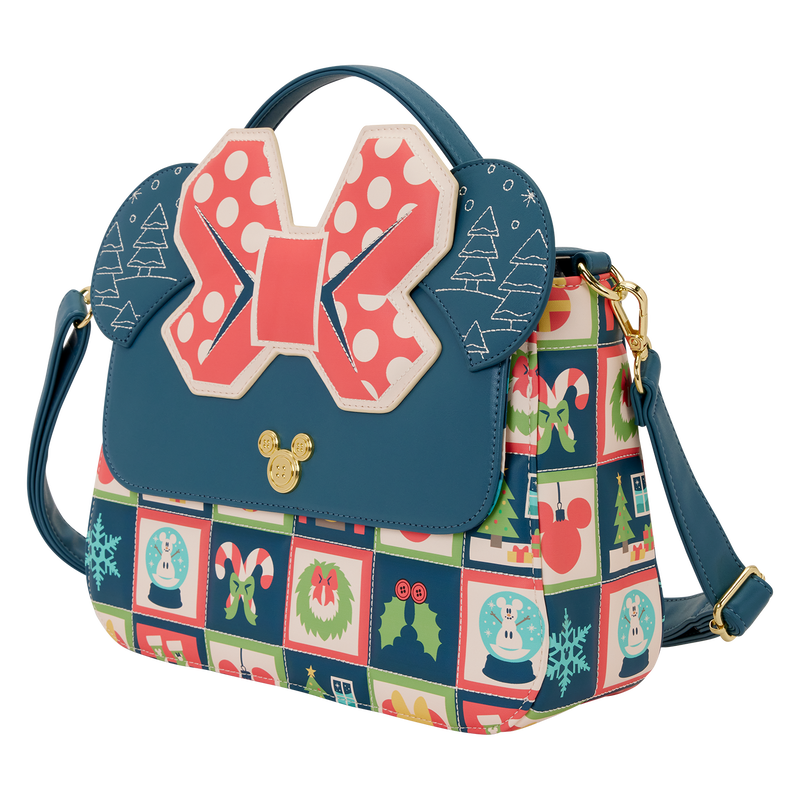 Bolso bandolera Mickey Holiday Disney Loungefly azul con lazo rojo y estampado navideño - 2