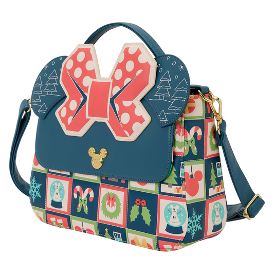 Bolso bandolera Mickey Holiday Disney Loungefly azul con lazo rojo y estampado navideño - 2