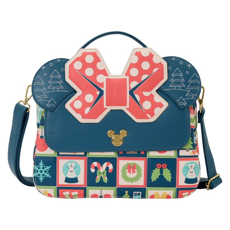 Bolso bandolera Mickey Holiday Disney Loungefly azul con lazo rojo y estampado navideño