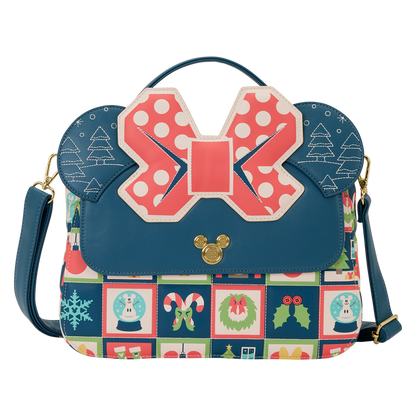 Bolso bandolera Mickey Holiday Disney Loungefly azul con lazo rojo y estampado navideño