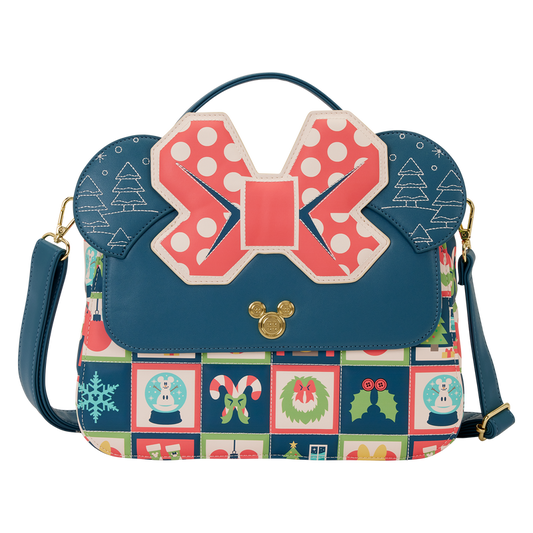 Bolso bandolera Mickey Holiday Disney Loungefly azul con lazo rojo y estampado navideño