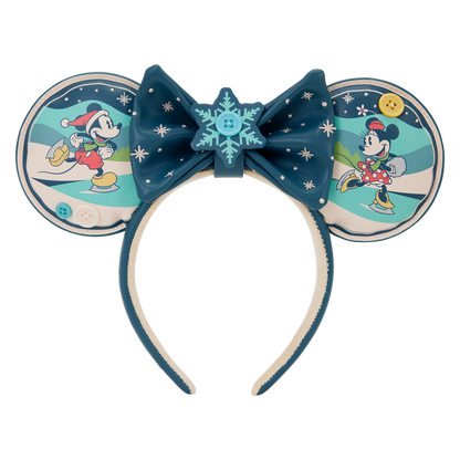 Diadema Loungefly de orejas Mickey y Minnie con lazo azul y copos de nieve