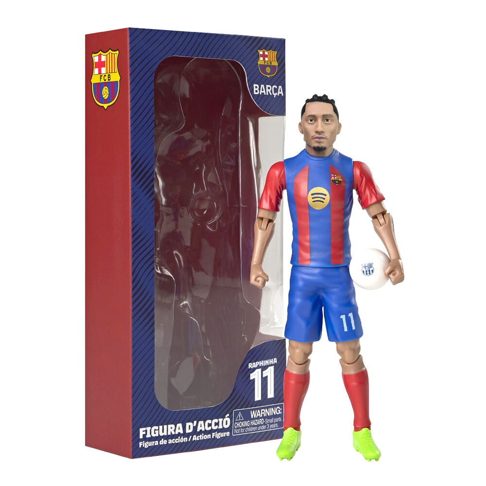 Figura de acción de Raphinha con equipación del FC Barcelona y balón