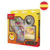 Blíster Pokémon TCG Fuegos Fantasmales con carta de Pikachu, tres sobres y moneda