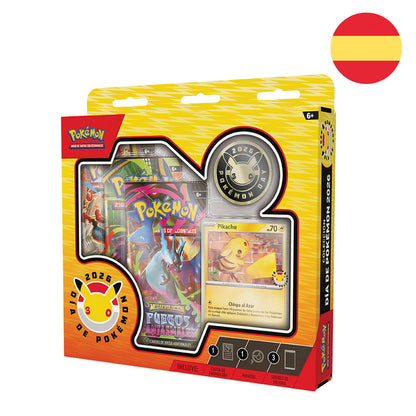 Blíster Pokémon TCG Fuegos Fantasmales con carta de Pikachu, tres sobres y moneda