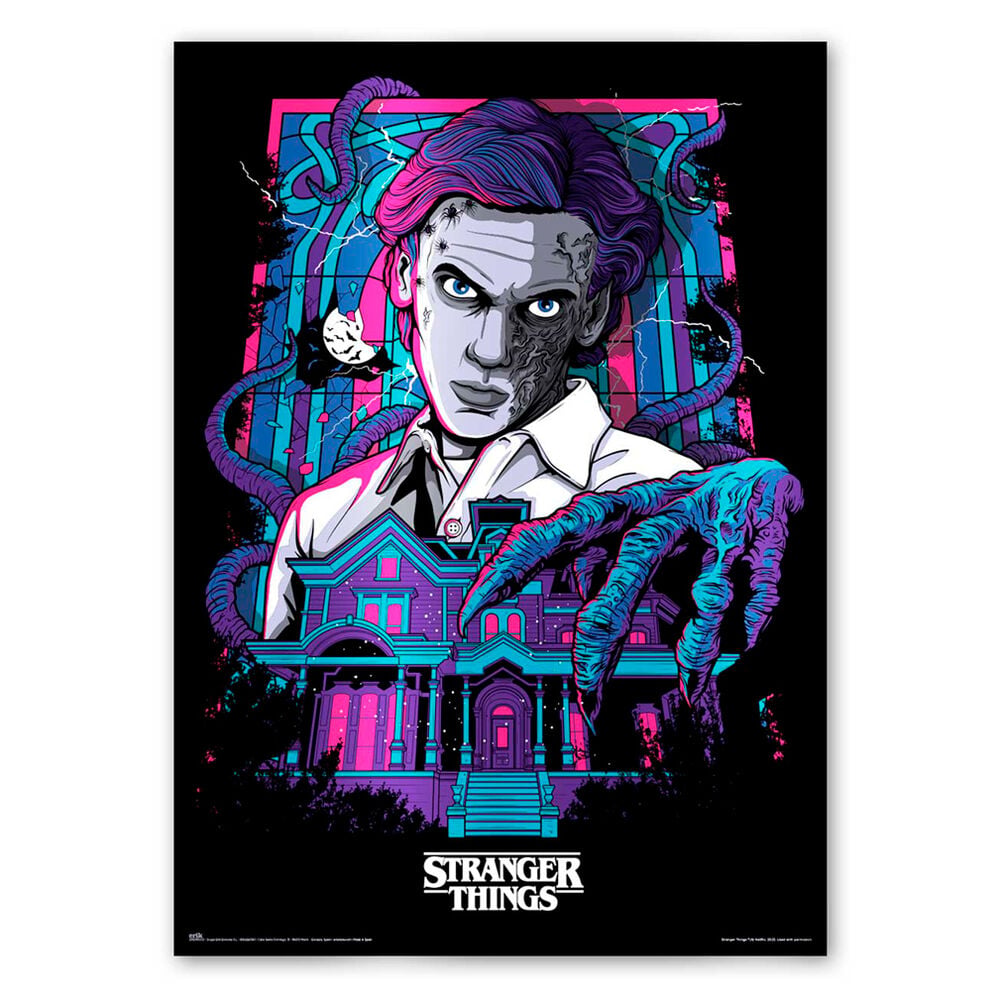 Póster luminiscente de Stranger Things con casa y tentáculos
