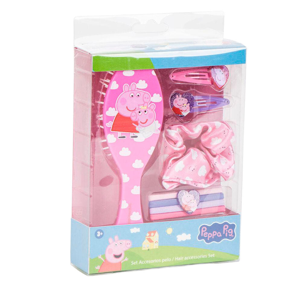 Set de accesorios para el pelo Peppa Pig con cepillo, pinzas, lazo y bandas elásticas