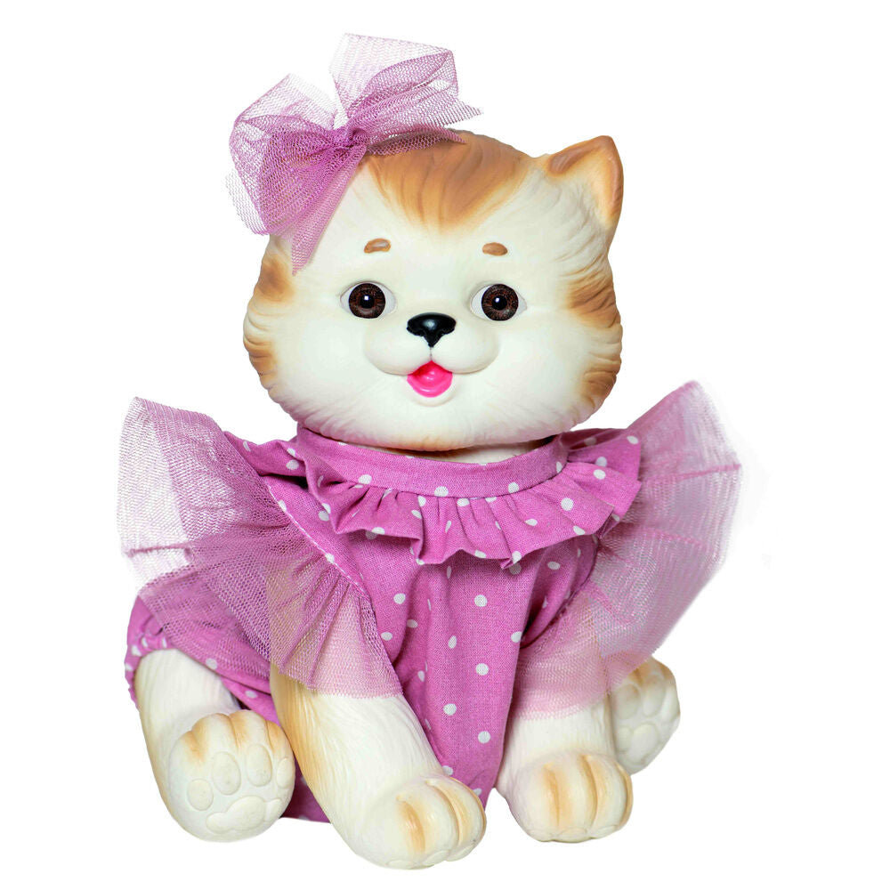 Muñeco bebé reborn gatito de vinilo con vestido rosa de lunares