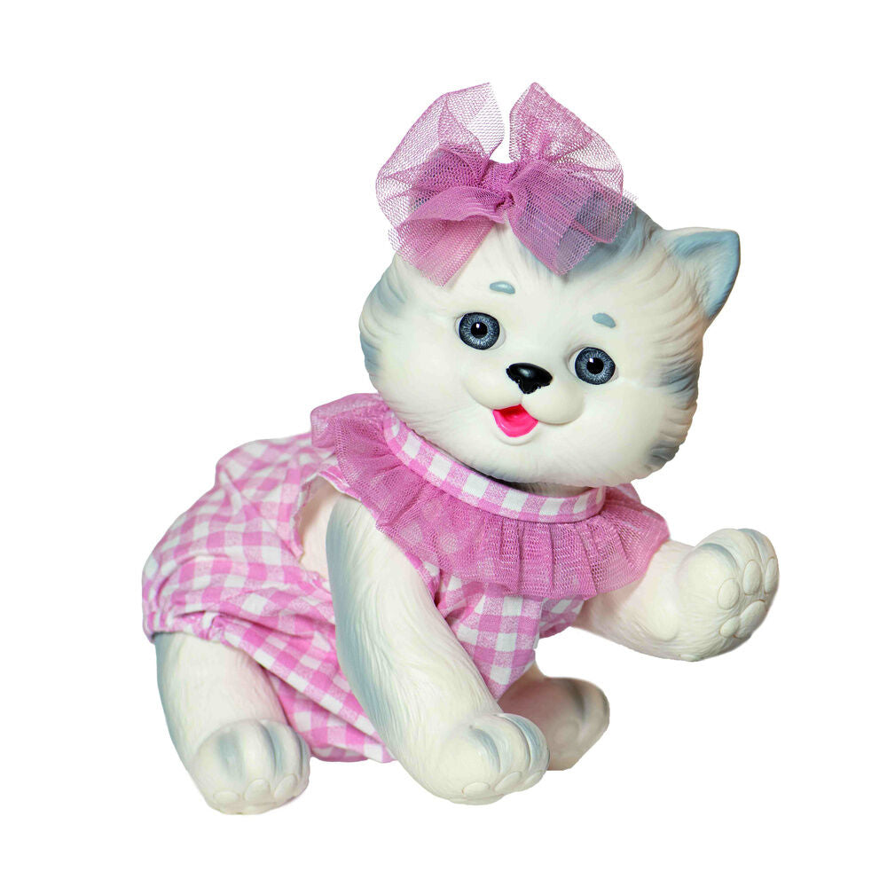 Muñeco bebé reborn gatito de vinilo con conjunto rosa y lazo - 2