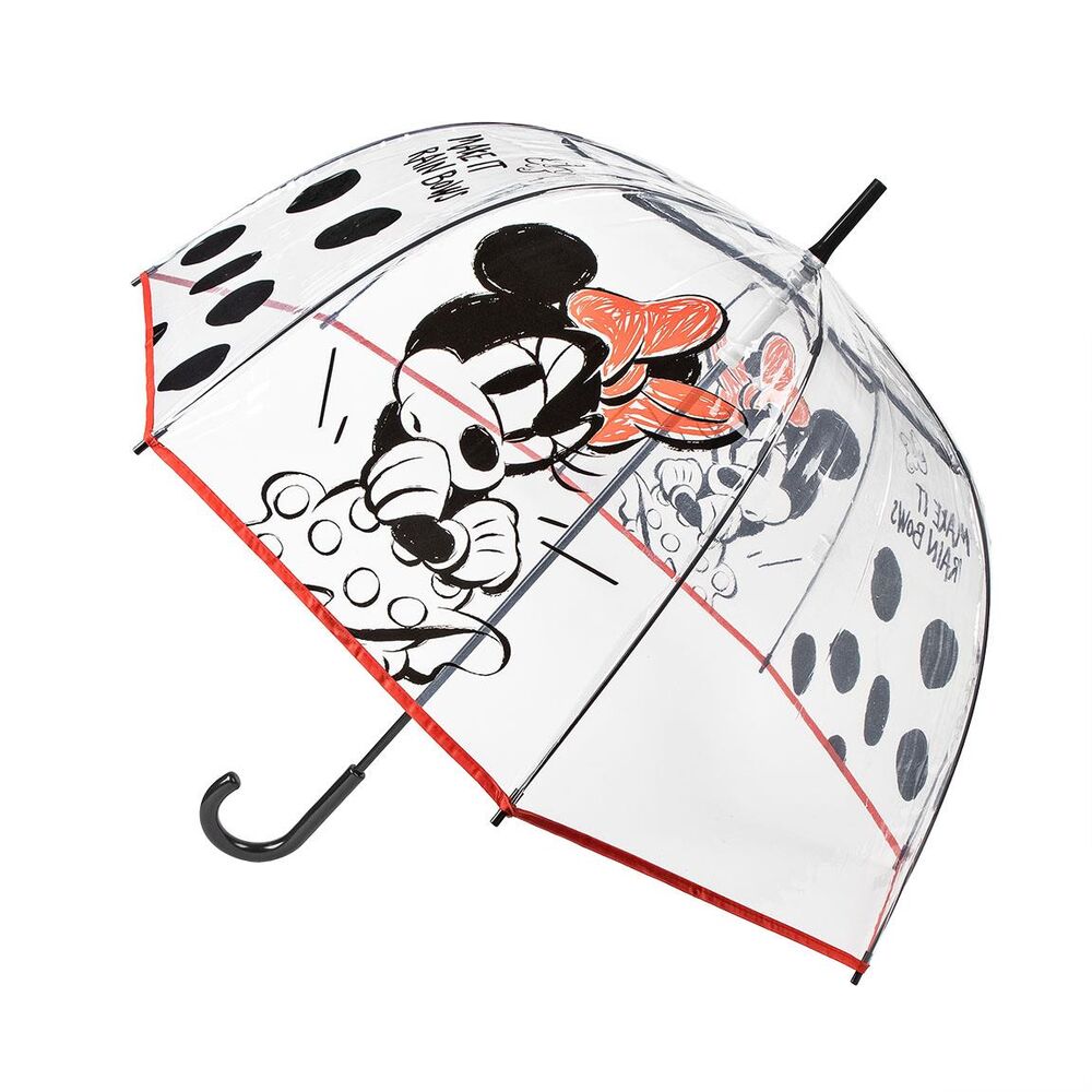 Paraguas transparente manual de Minnie Disney con lunares negros y borde rojo