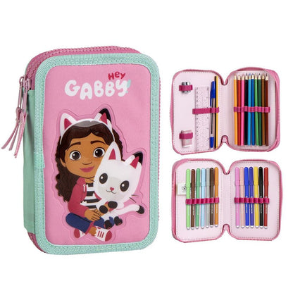 Plumier doble completo de La Casa de Muñecas de Gabby con material escolar